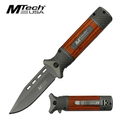 M-tech Brown Pakkawood Spear Point Grey AO Pocket Knife