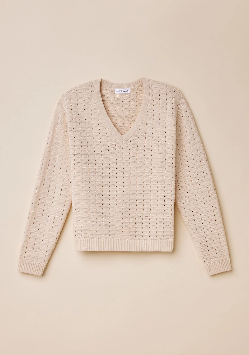 Pointelle Knit V-Neck Sweater