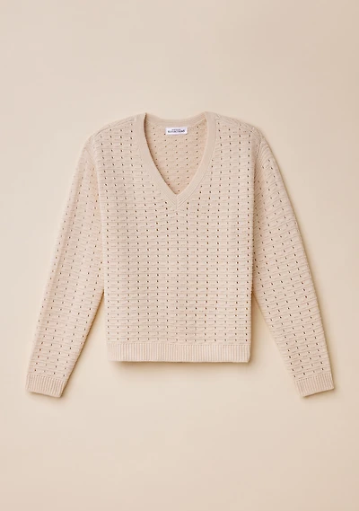 Pointelle Knit V-Neck Sweater