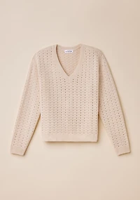 Pointelle Knit V-Neck Sweater