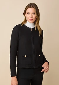 Textured Trim Zip-Front Cardigan
