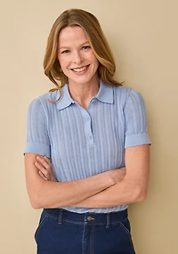 Pointelle Johnny Collar Knit Top