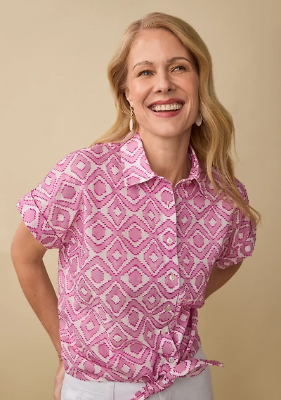 Tie-Front Textured Button-Up Shirt