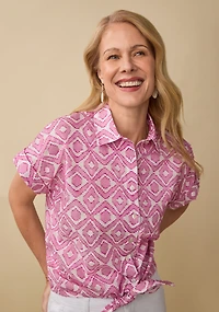 Tie-Front Textured Button-Up Shirt