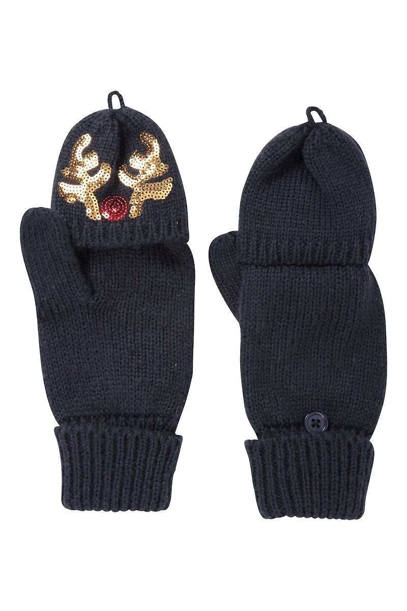 Womens Reindeer Sequin Mittens