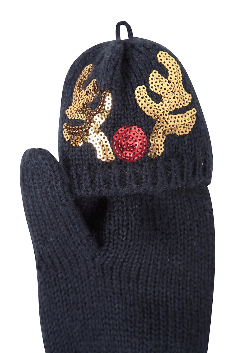 Womens Reindeer Sequin Mittens