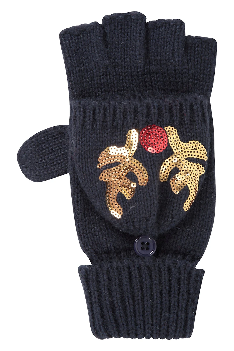 Womens Reindeer Sequin Mittens