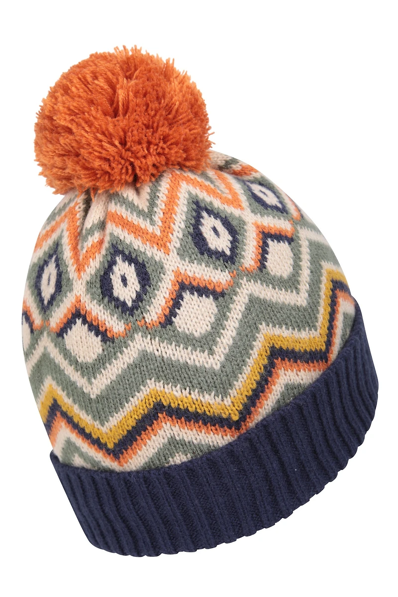 Fleece Lined Kids Chevron Pom Beanie