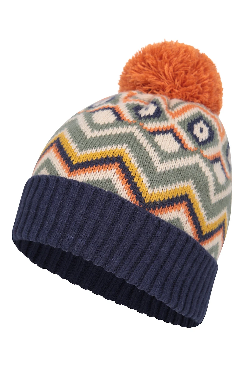 Fleece Lined Kids Chevron Pom Beanie