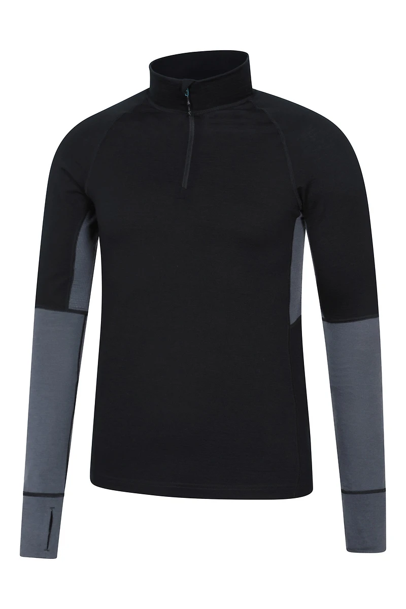 Panelled Mens Merino Long Sleeve Zip Neck Top
