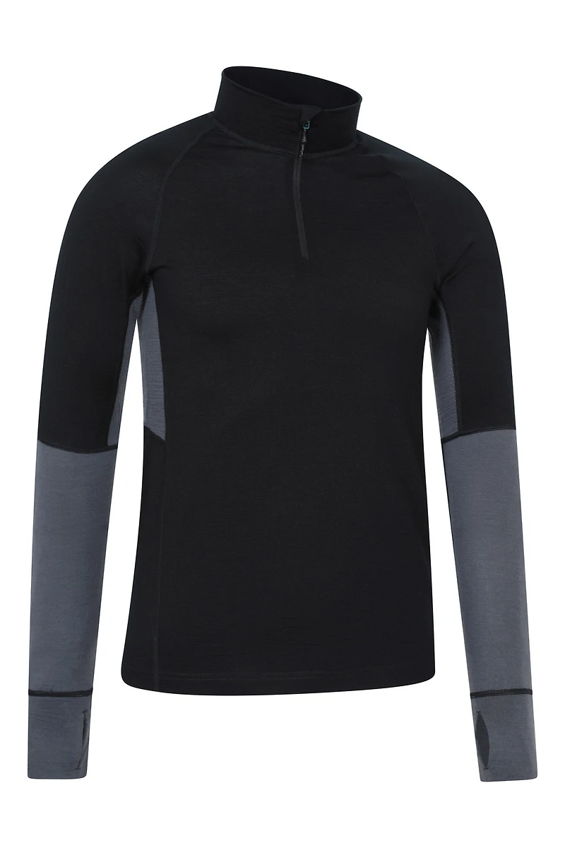Panelled Mens Merino Long Sleeve Zip Neck Top