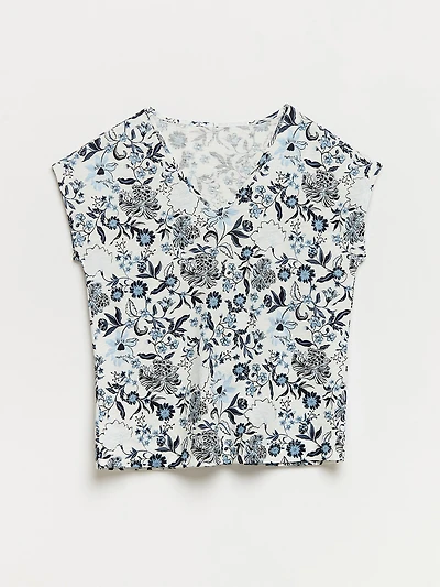 Petite Relaxed Navy Floral V-neck T-Shirt