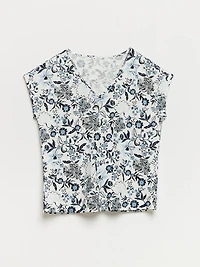Petite Relaxed Navy Floral V-neck T-Shirt