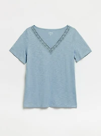 Short Sleeve Blue Crochet V-Neck T-Shirt