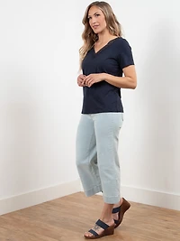 Short Sleeve Navy Crochet V-Neck T-Shirt