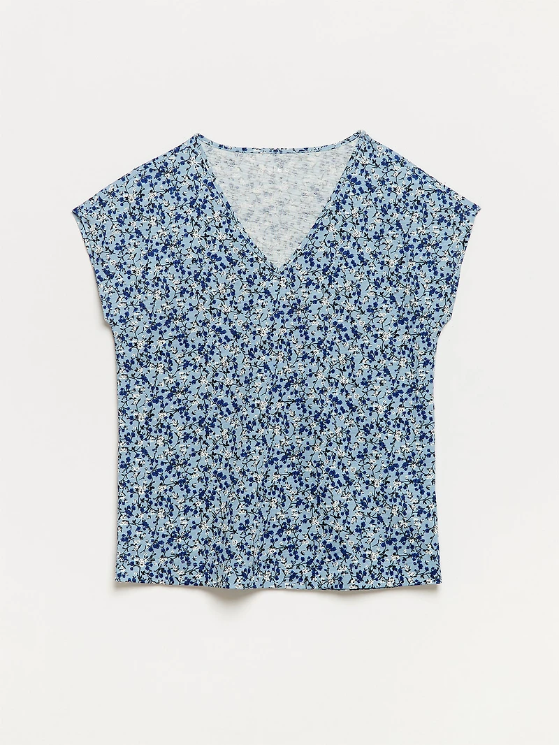 Relaxed Dusty Blue Ditsy V-neck T-Shirt