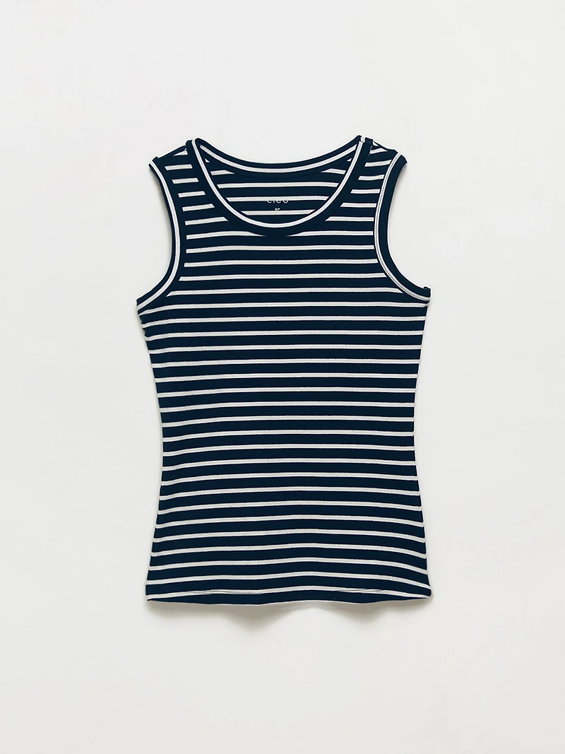 Stretch Cotton Navy Stripe Hi-Neck Tank