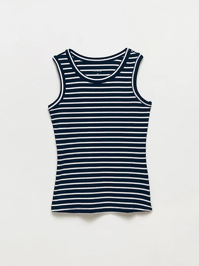 Stretch Cotton Navy Stripe Hi-Neck Tank