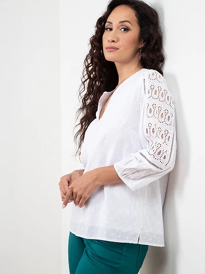 Petite Crochet Three-Quarter Sleeve Blouse