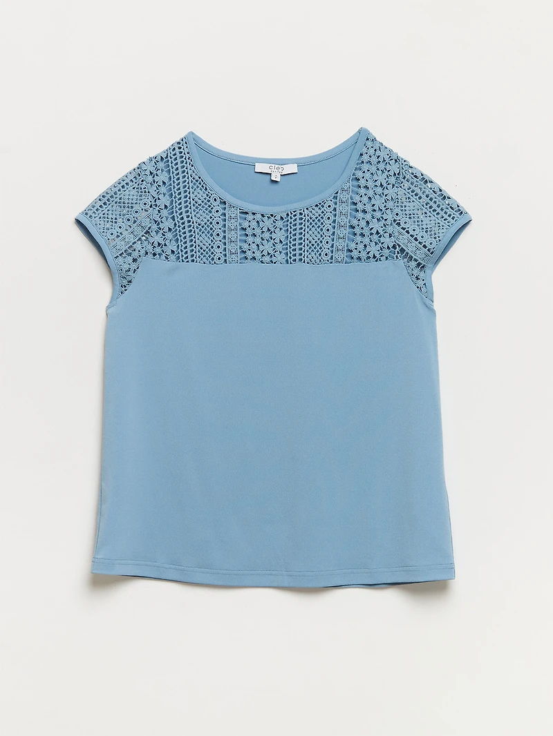 Petite Relaxed Fit Dusty Blue Short Sleeve Lace Top