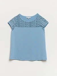 Petite Relaxed Fit Dusty Blue Short Sleeve Lace Top