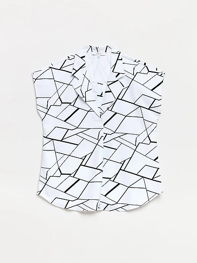 Relaxed Line Graphic Back Button Blouse