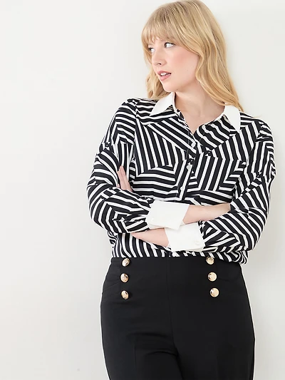 Long Sleeve Black and White Blouse
