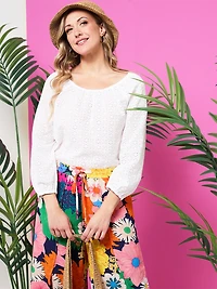 3/4 Sleeve Scoop Neck Eyelet Blouse