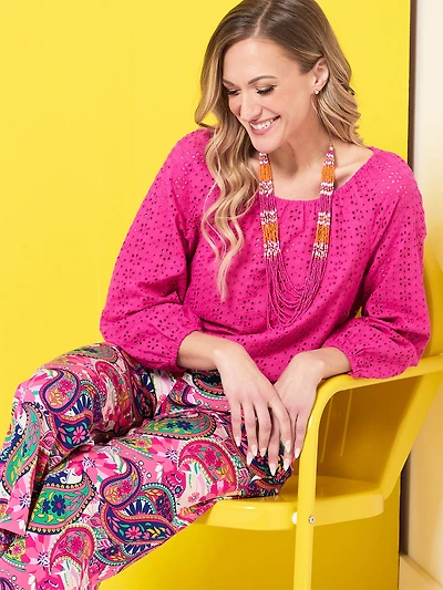 3/4 Sleeve Scoop Neck Eyelet Blouse