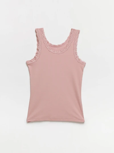Stretch-Cotton Tank with Lace Trim Dusty Pink