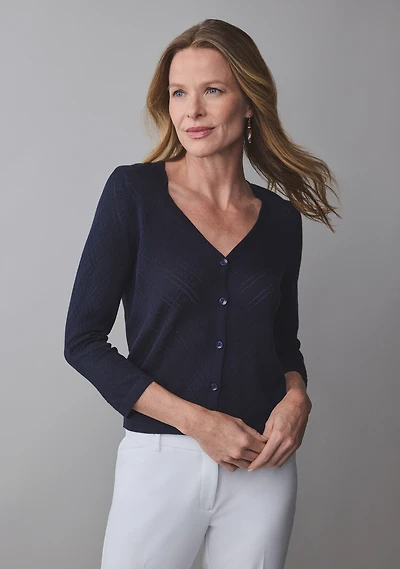Short Pointelle Cardigan Navy