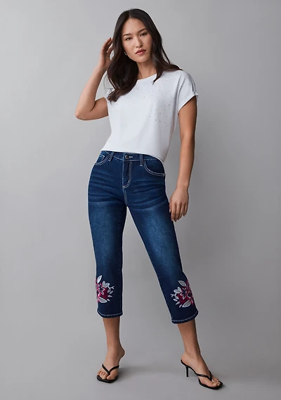 Lilly Embroidered Denim Capri Jean Dark Wash