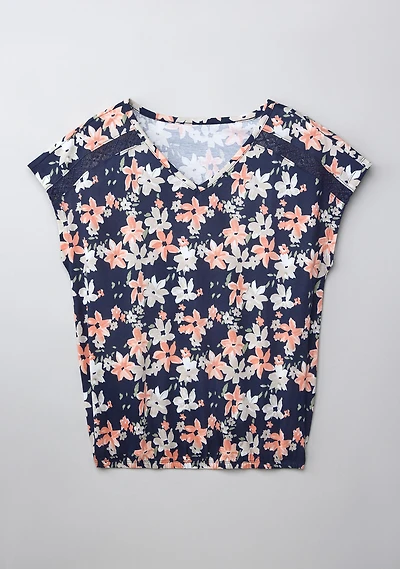 Bubble Hem Short Sleeve V Neck Tee Navy Floral