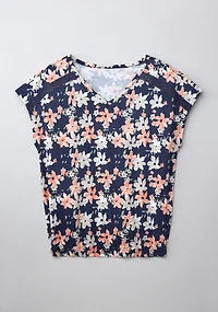 Bubble Hem Short Sleeve V Neck Tee Navy Floral