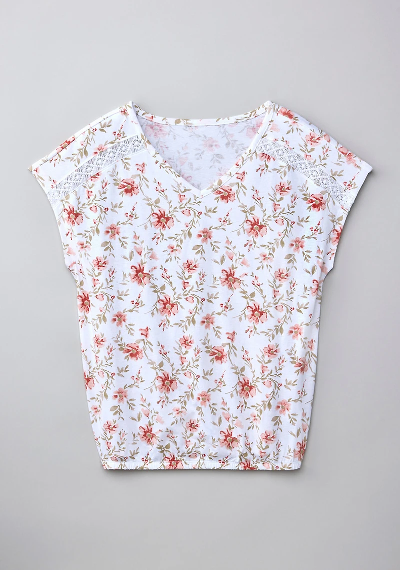 Bubble Hem Short Sleeve V Neck Tee Apricot Floral