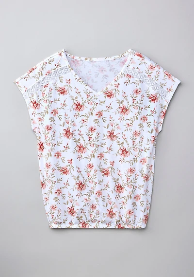 Bubble Hem Short Sleeve V Neck Tee Apricot Floral