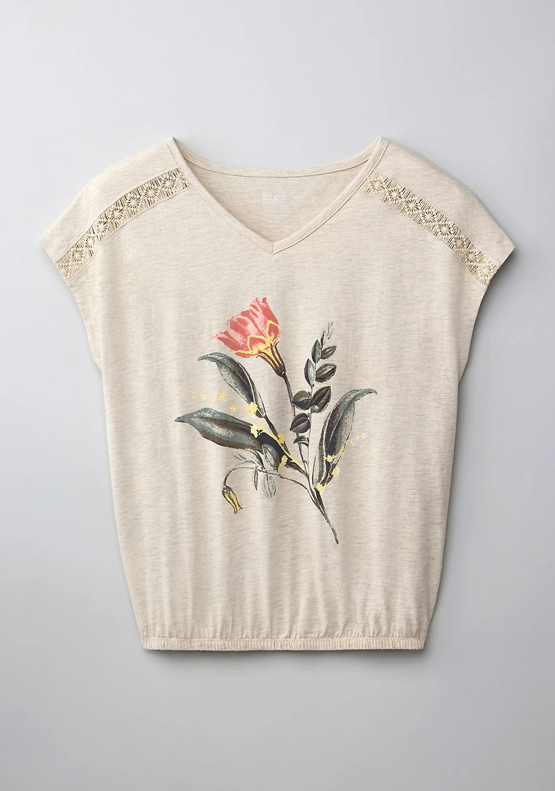 Stone Mix Floral Bubble Hem Short Sleeve V Neck Tee