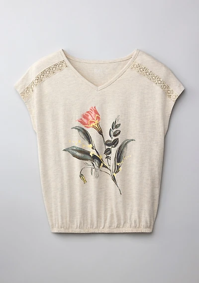 Stone Mix Floral Bubble Hem Short Sleeve V Neck Tee