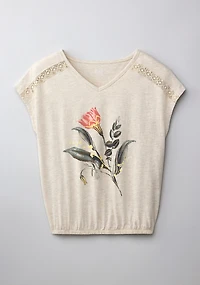 Stone Mix Floral Bubble Hem Short Sleeve V Neck Tee