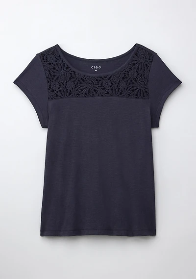 Crochet Trim Scoop Tee Black
