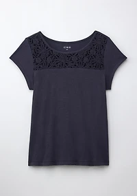 Crochet Trim Scoop Tee Black