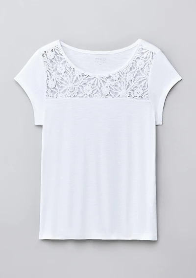 Crochet Trim Scoop Tee White