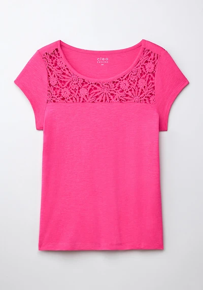 Crochet Trim Scoop Tee Hot Pink