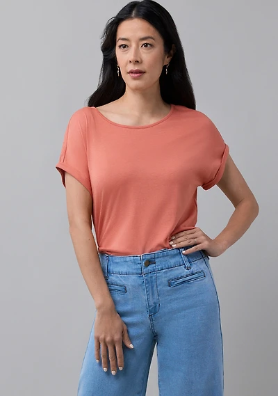 Short Sleeve Cuffed Slub Boat Neck Tee Salmon