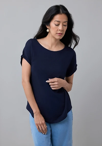 Short Sleeve Cuffed Slub Boat Neck Tee Navy