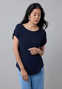 Short Sleeve Cuffed Slub Boat Neck Tee Navy