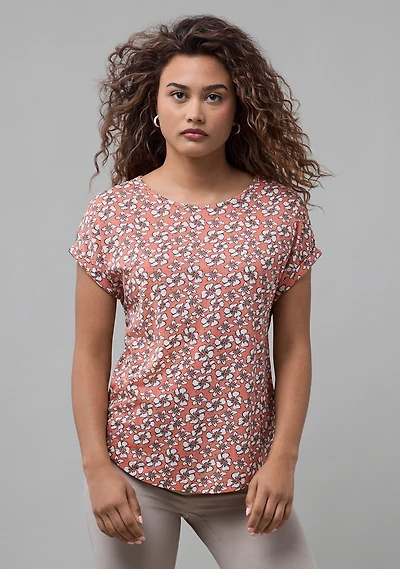 Short Sleeve Cuffed Slub Boat Neck Tee Salmon Floral