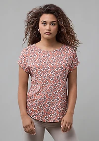 Short Sleeve Cuffed Slub Boat Neck Tee Salmon Floral