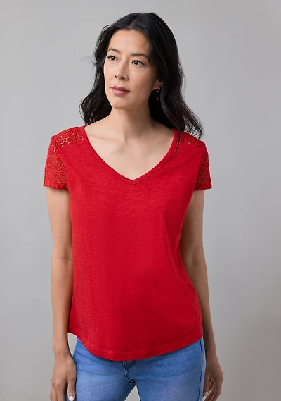 Crochet Insert V Neck Tee Crimson
