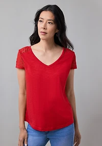 Crochet Insert V Neck Tee Crimson